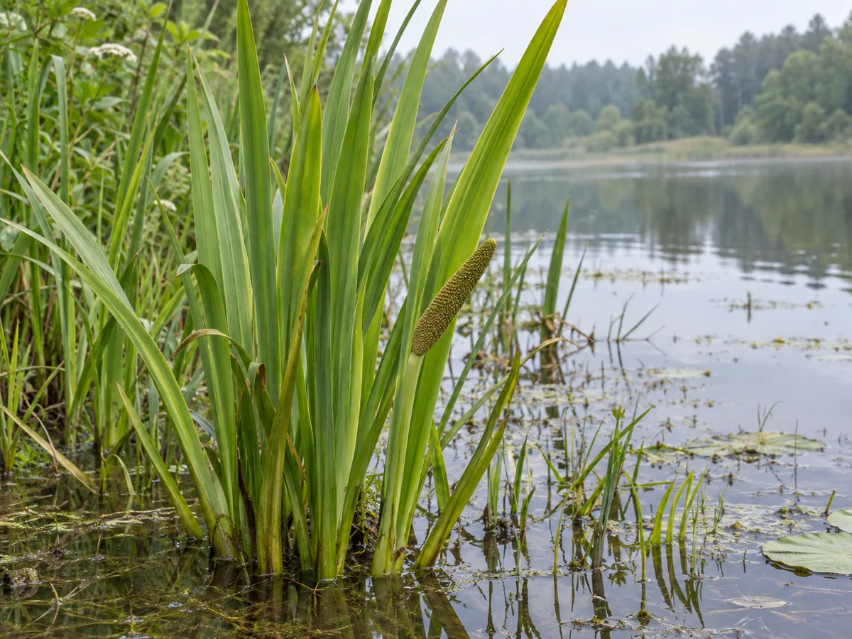 Balinis ajeras vandens telkinio pakrantėje su kalavijiškais lapais ir žalsva burbuole