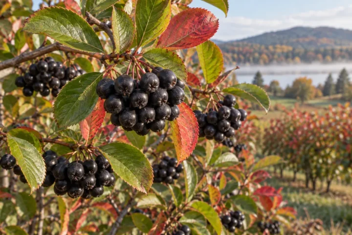 Juodavaisė aronija su juodomis vaisių kekėmis ir raustančiais rudens lapais