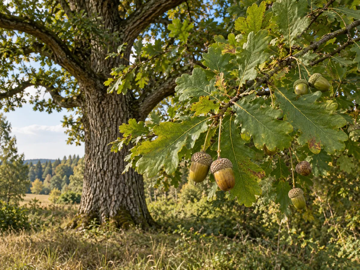 Paprastojo ąžuolo šaka su skiautėtais lapais ir ant ilgų kotelių kabančiomis gilėmis