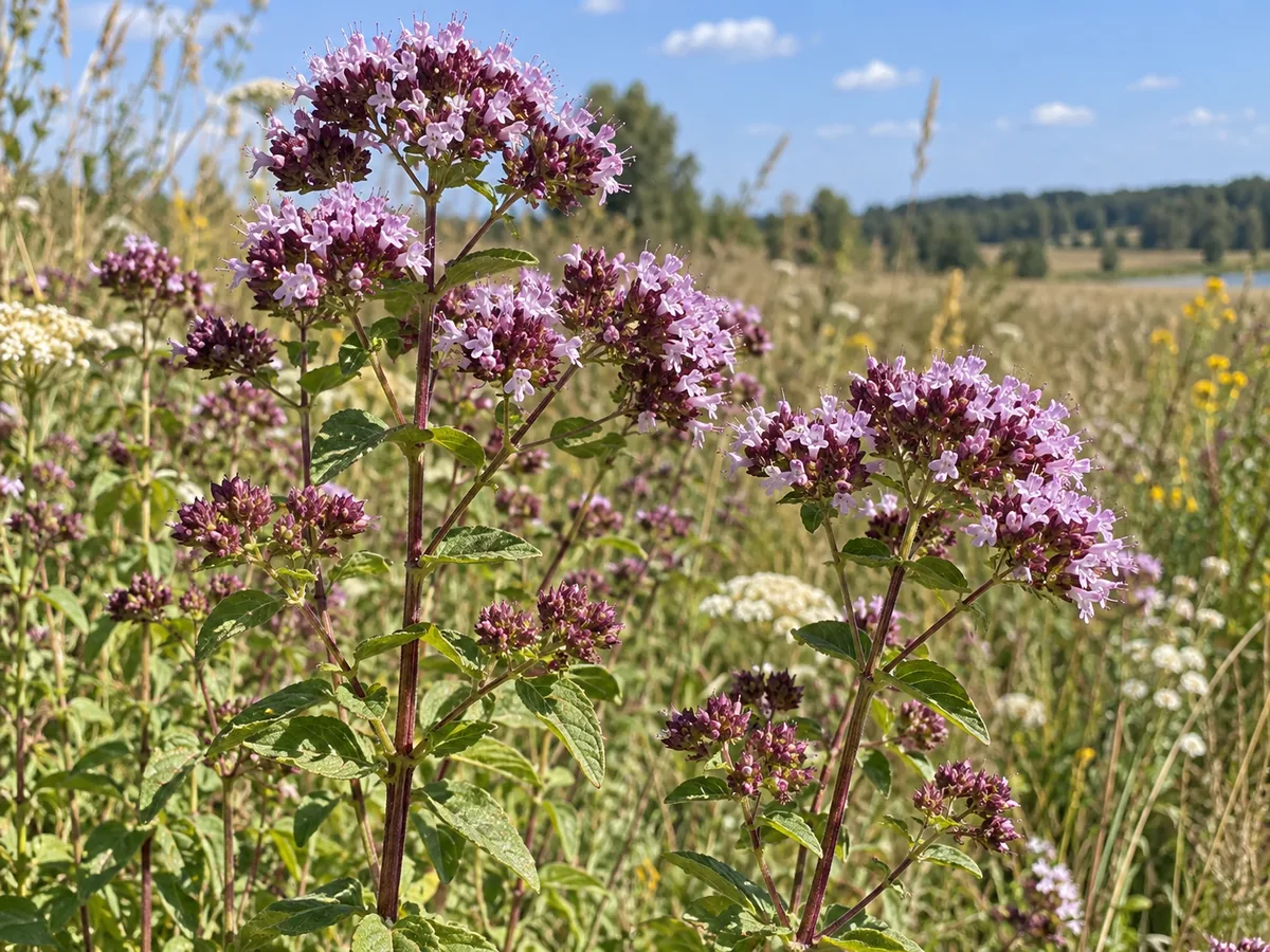 Žydintis paprastasis raudonėlis su rausvai violetiniais žiedynais sausoje Lietuvos pievoje