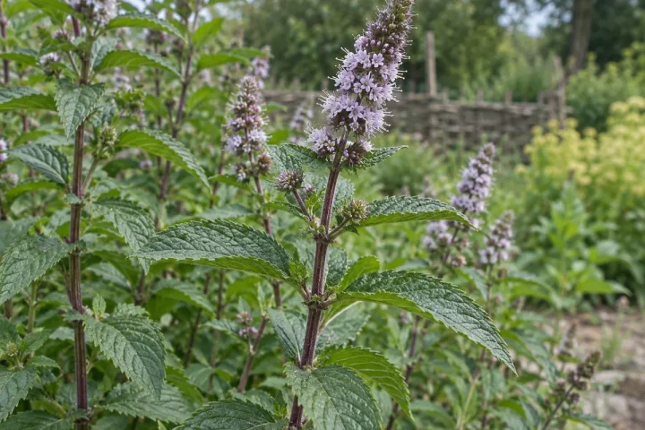 Pipirmėtės kerelis su dantytais priešpriešiniais lapais, violetiniais stiebais ir alyviniais žiedynais