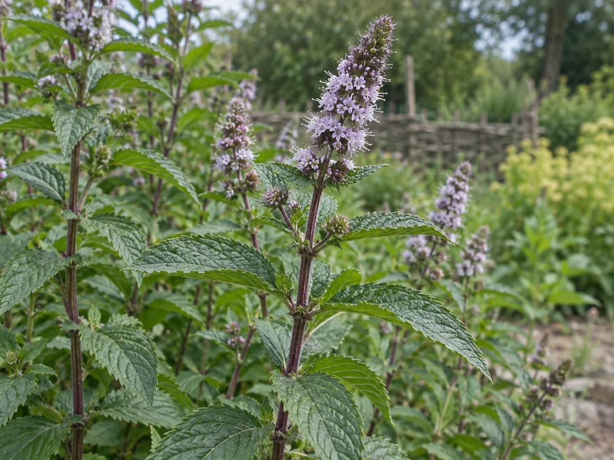 Pipirmėtės kerelis su dantytais priešpriešiniais lapais, violetiniais stiebais ir alyviniais žiedynais