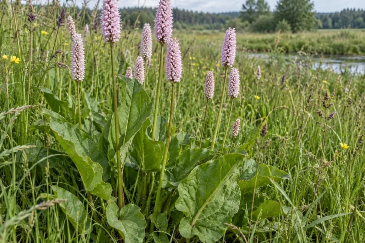 Rūgtis gyvatžolė drėgnoje pievoje su rausvomis cilindriškomis žiedų varpomis