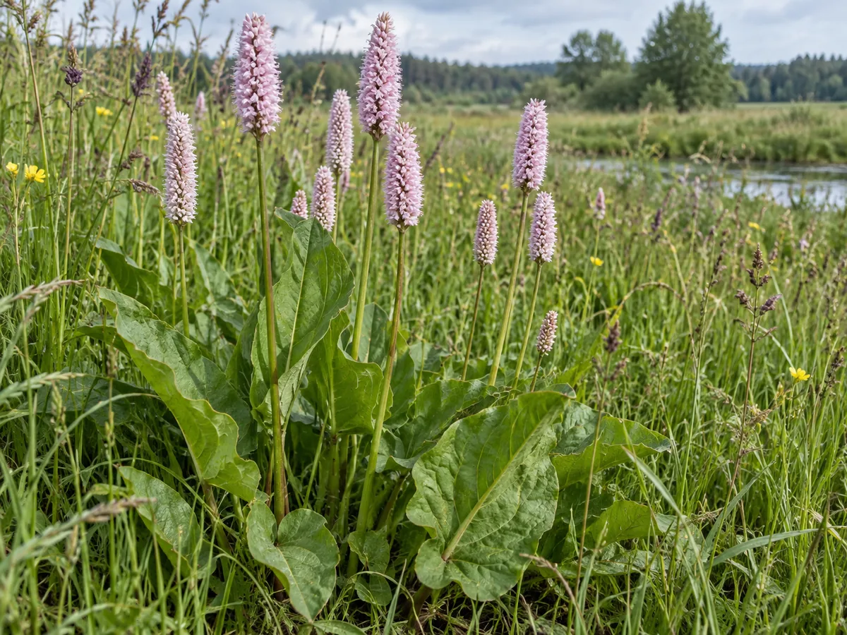 Rūgtis gyvatžolė drėgnoje pievoje su rausvomis cilindriškomis žiedų varpomis