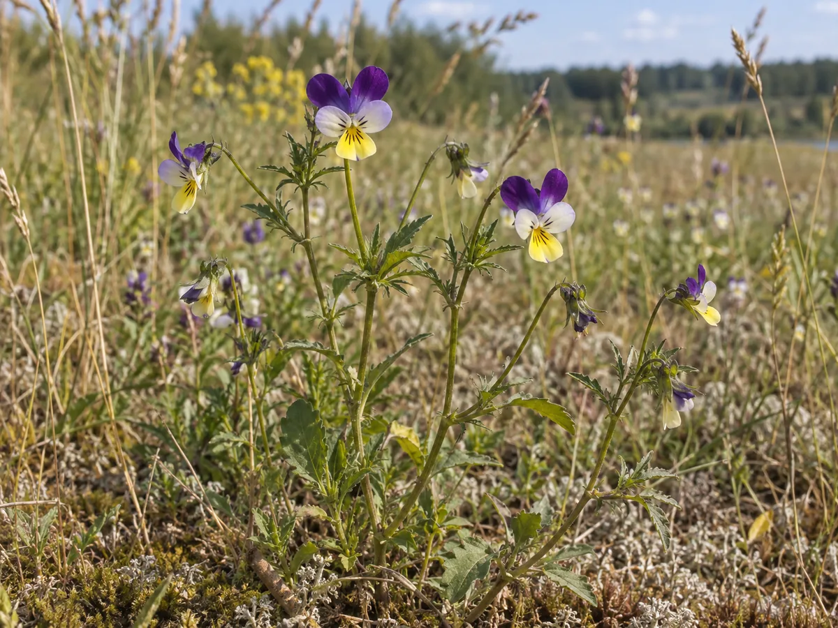 Trispalvė našlaitė Lietuvos pievoje su violetiniais, baltais ir geltonais žiedais