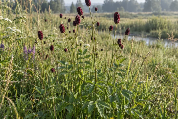 Vaistinė kraujalakė drėgnoje pievoje su tamsiai raudonomis žiedų galvutėmis