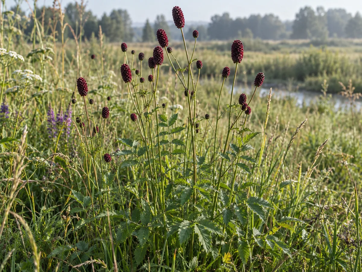 Vaistinė kraujalakė drėgnoje pievoje su tamsiai raudonomis žiedų galvutėmis